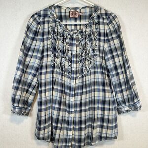 Juicy Couture Women's 3/4 Sleeve Ruffle ButtonUp Blouse Plaid Blue Size 6